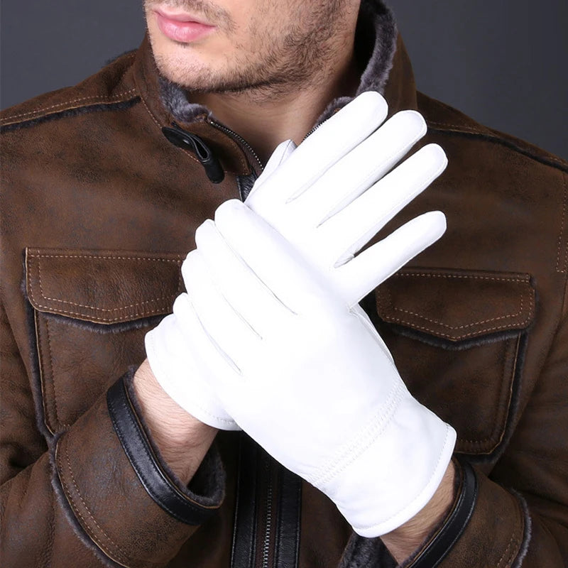 Genuine Leather White Unisex Solid Wrist Buttons Lambskin Driving Gloves