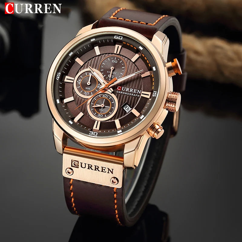 Men's Leather Sports Military Quartz Wristwatch Chronograph Male Clock