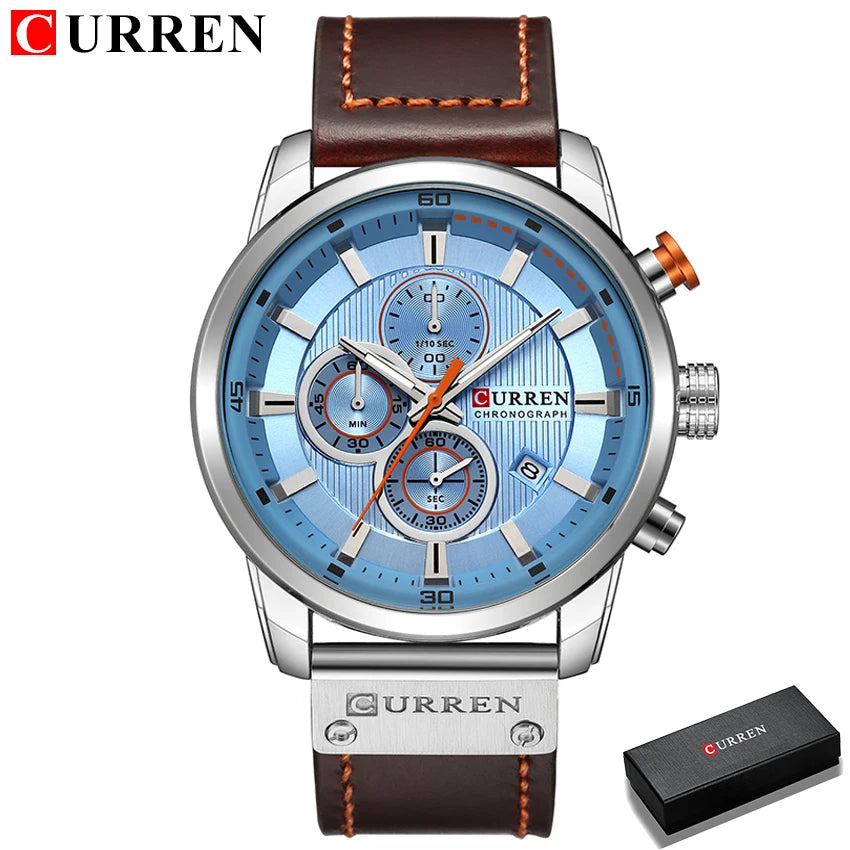 Men's Leather Sports Military Quartz Wristwatch Chronograph Male Clock