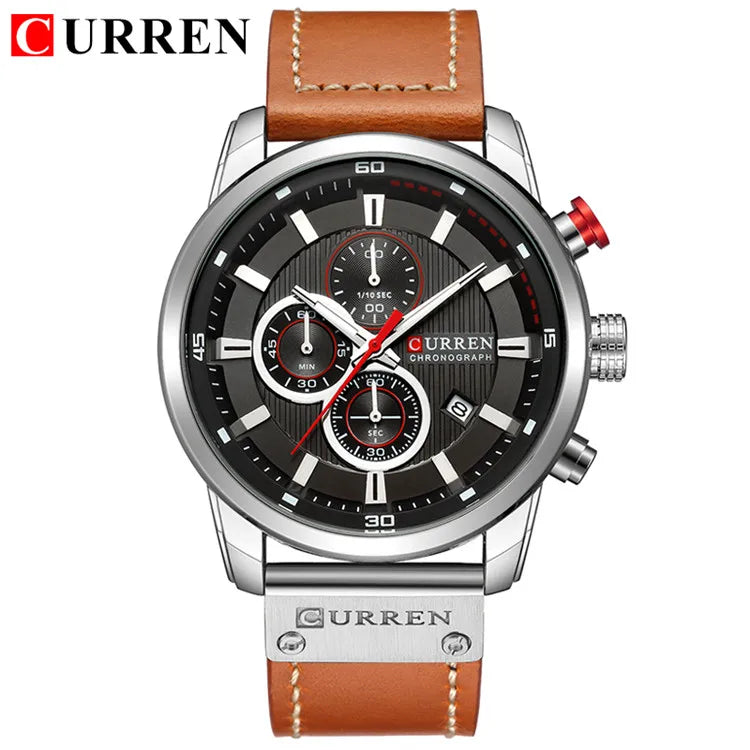 Men's Leather Sports Military Quartz Wristwatch Chronograph Male Clock
