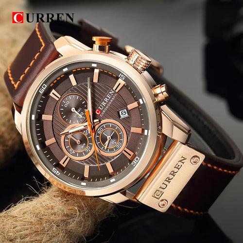 Men's Leather Sports Military Quartz Wristwatch Chronograph Male Clock