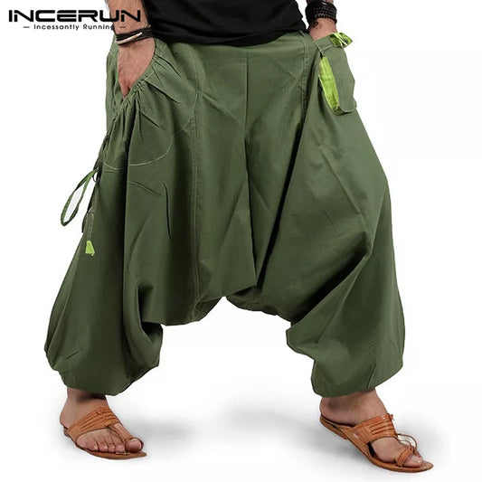 Men Harem Elastic Waist Loose Drop Crotch Trousers