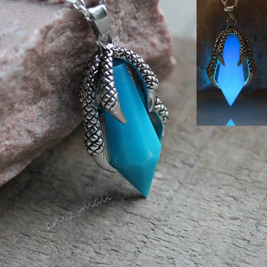 Stainless steel dragon talons Luminous Obsidian Pendants GLOW in the DARK necklaces