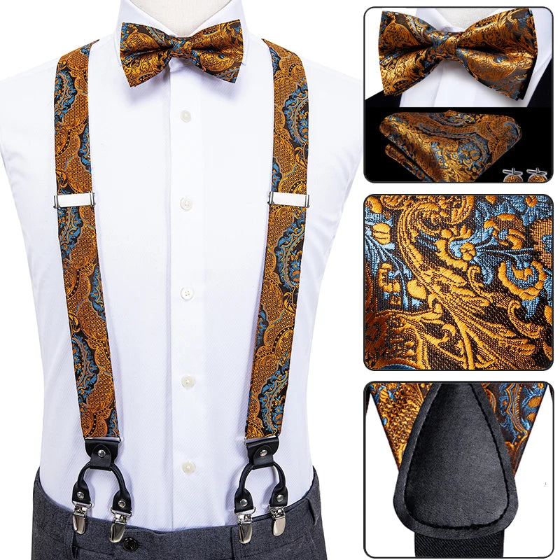 Luxury Silk Men's (Suspenders Metal, Bow Tie, Hanky, Cufflinks) Vintage Adjustable