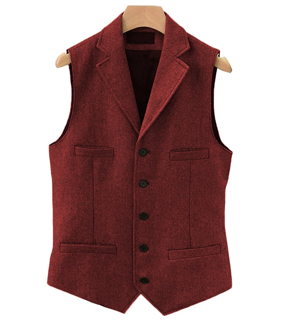 Men's Classic Wool Tweed Notch Lapel Waistcoat Herringbone Coat