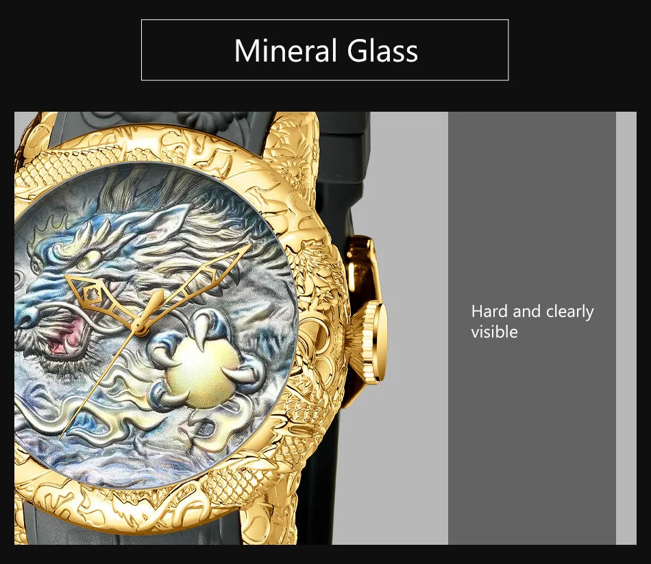 Men 3D Engraved Dragon Luxury Quartz Watch Waterproof Sport Clock