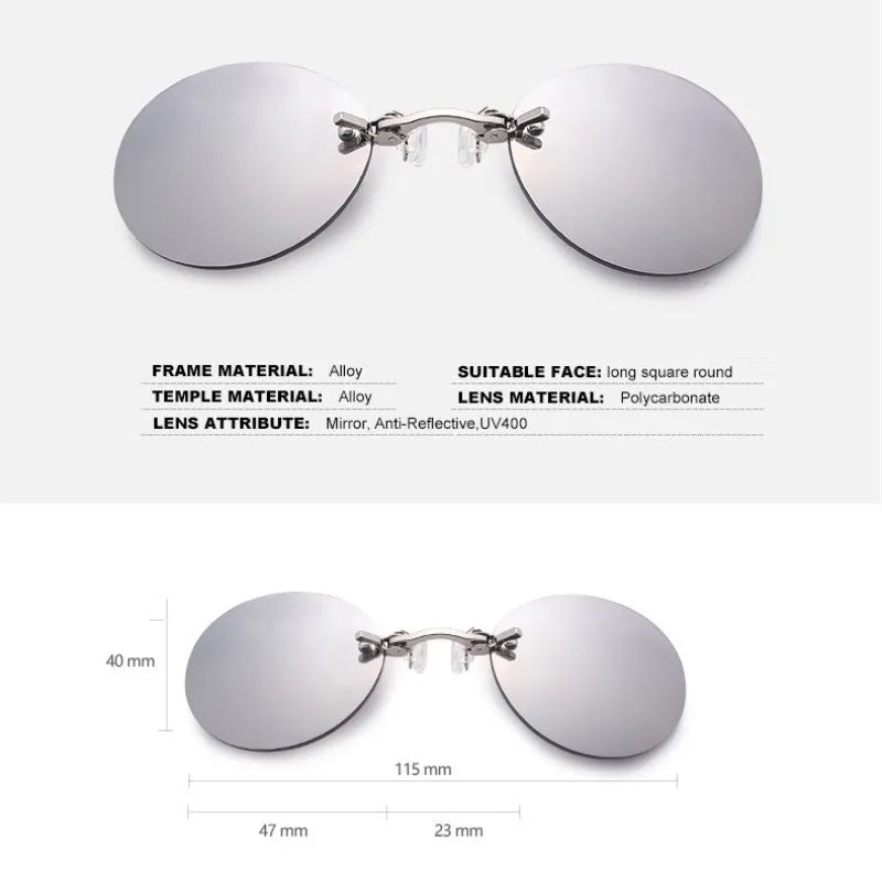 Round Clip-Nose Rimless Clip On Sunglasses Unisex Frameless Coating Eyeglasses UV400