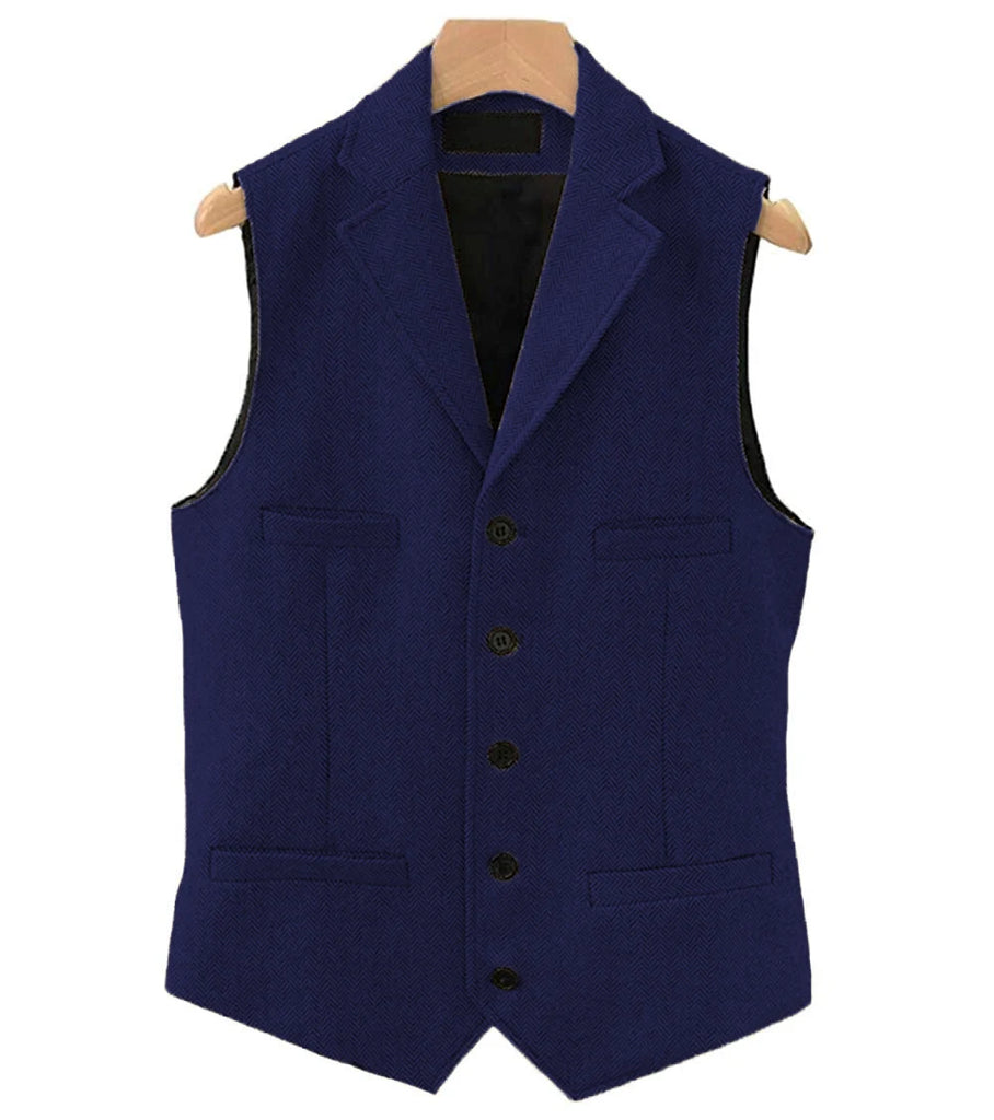 Men's Classic Wool Tweed Notch Lapel Waistcoat Herringbone Coat