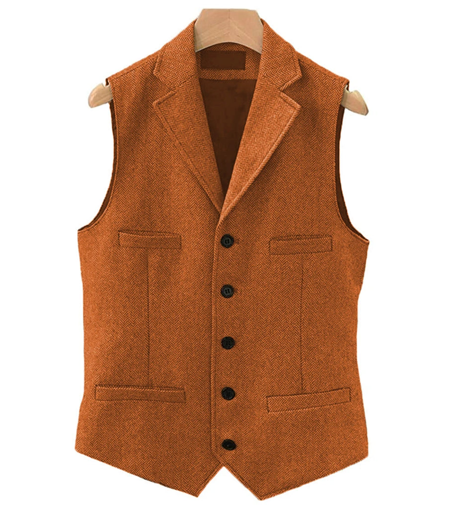 Men's Classic Wool Tweed Notch Lapel Waistcoat Herringbone Coat