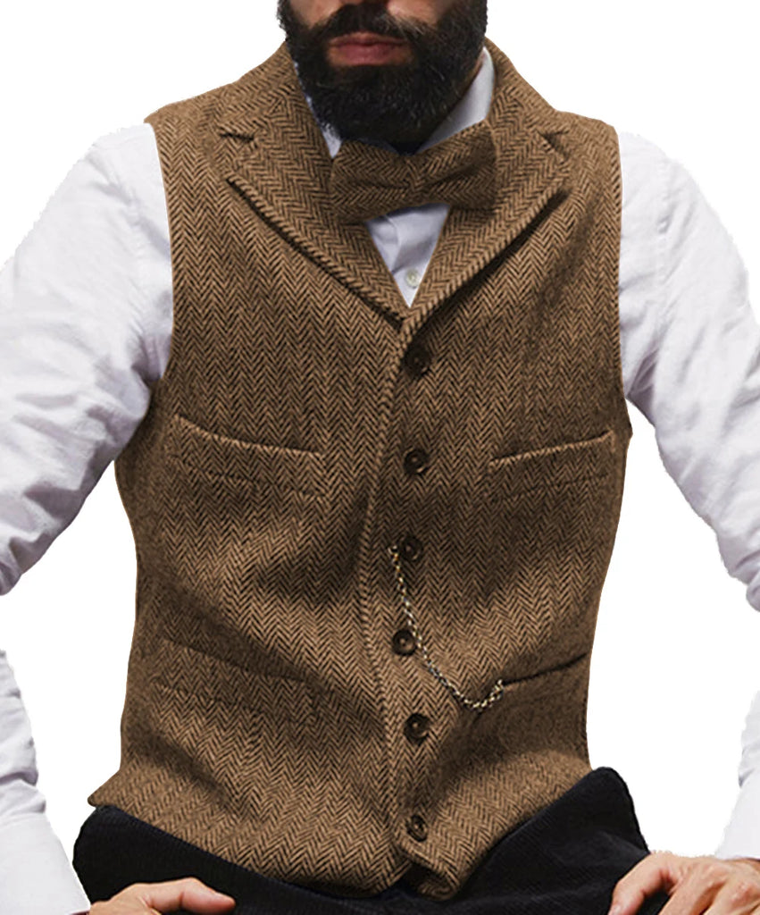 Men's Classic Wool Tweed Notch Lapel Waistcoat Herringbone Coat