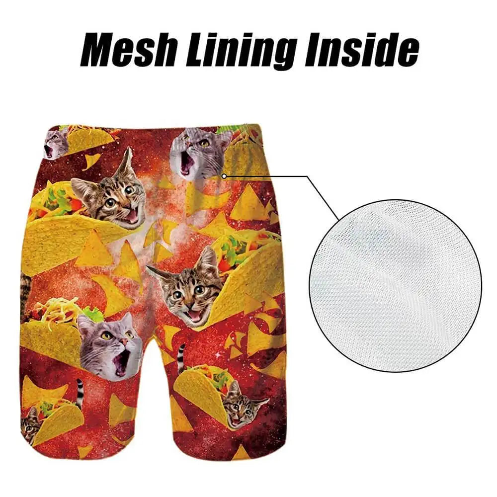 Funny Cat 3D Printed Men's Mesh Lining Beach Trunks