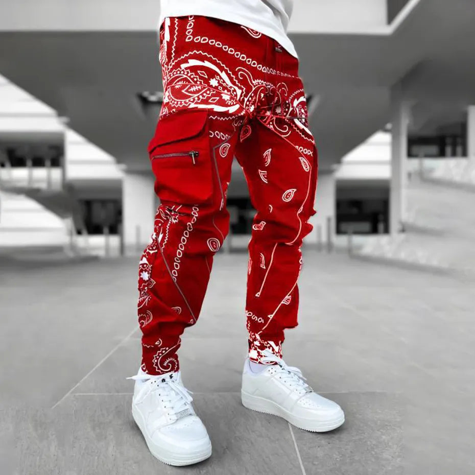 Paisley Cargo Pants Fashion Men's Reflective Joggers Oversized Streetwear Pants