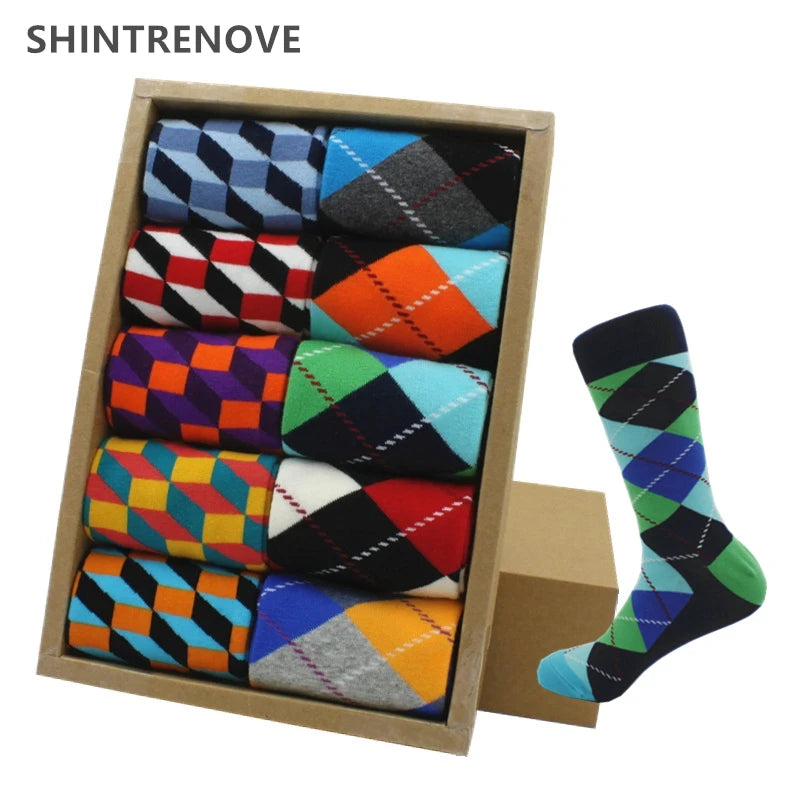 Quality Men Dress Crew Color Plaid Diamond Cotton Man Socks