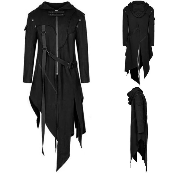 Men Gothic Trench Coat Hooded Cloak Men's Irregular Design Street Vintage Jackets