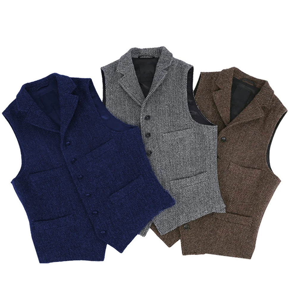 Men's Classic Wool Tweed Notch Lapel Waistcoat Herringbone Coat