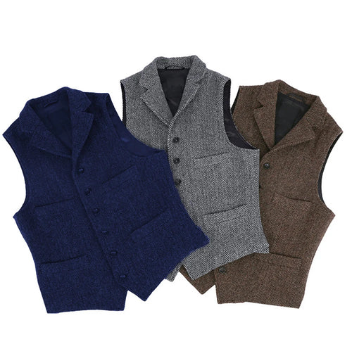 Men's Classic Wool Tweed Notch Lapel Waistcoat Herringbone Coat