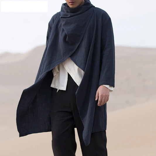 Men's Retro Trench Windbreaker Cotton Scarf Collar Irregular Long Sleeve Cloak