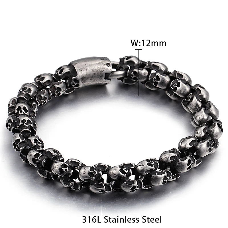 Punk Skull Bracelets Men Stainless Steel Matte Skull Charm Link Gothic Jewelry