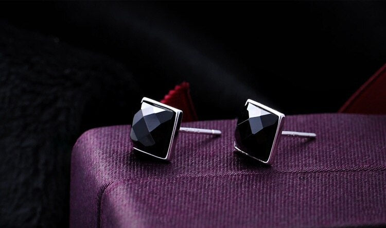 Square Black Stud Earrings for Men Silver Color  Earrings Cubic Zirconia