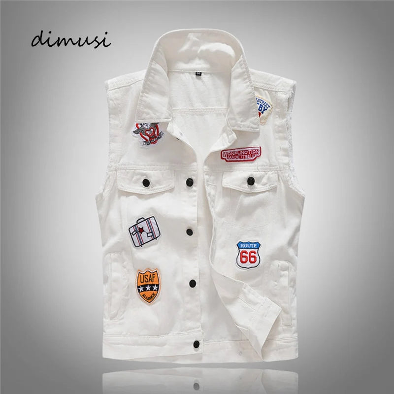 Men's Vintage Denim Vest White Ripped Men Streetwear Hole Waistcoats