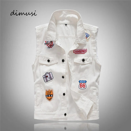 Men's Vintage Denim Vest White Ripped Men Streetwear Hole Waistcoats