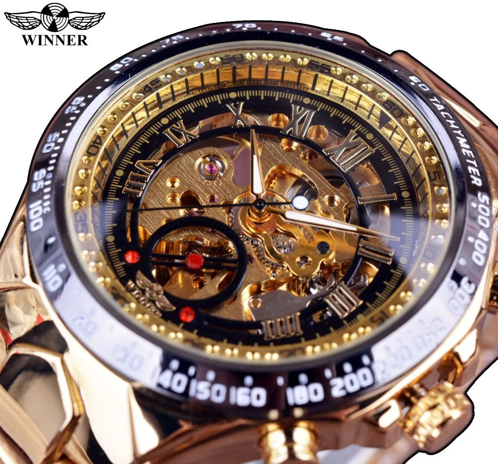 Sport Design Bezel Watches Men Automatic Skeleton Luxury Gold Stainless Steel