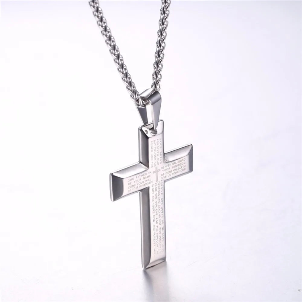 Stainless Steel Cross for men Lord's Prayer 20 inch Link Chain Pendant