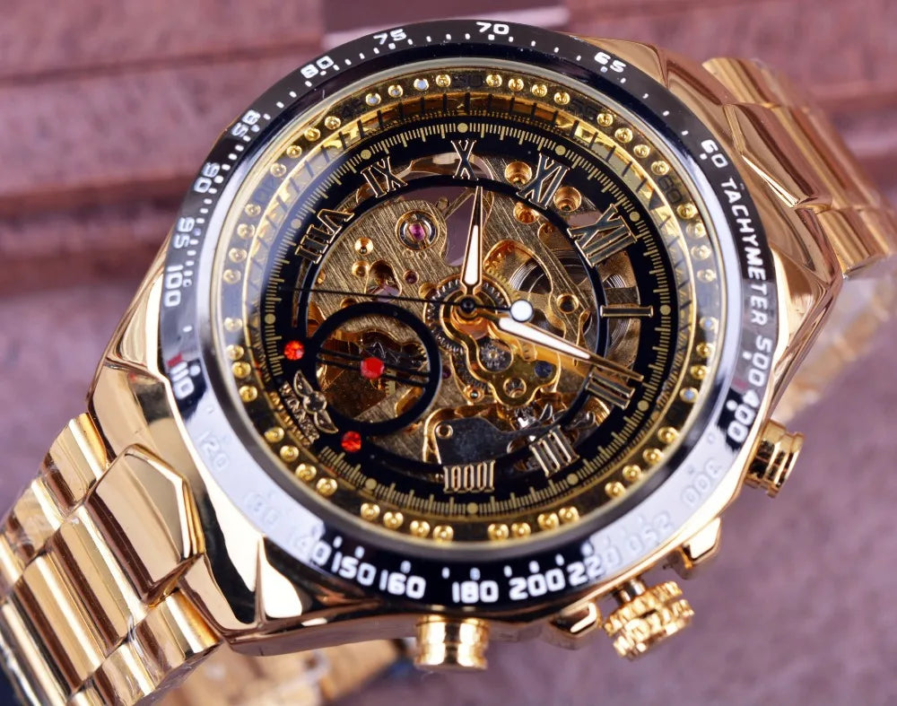 Sport Design Bezel Watches Men Automatic Skeleton Luxury Gold Stainless Steel