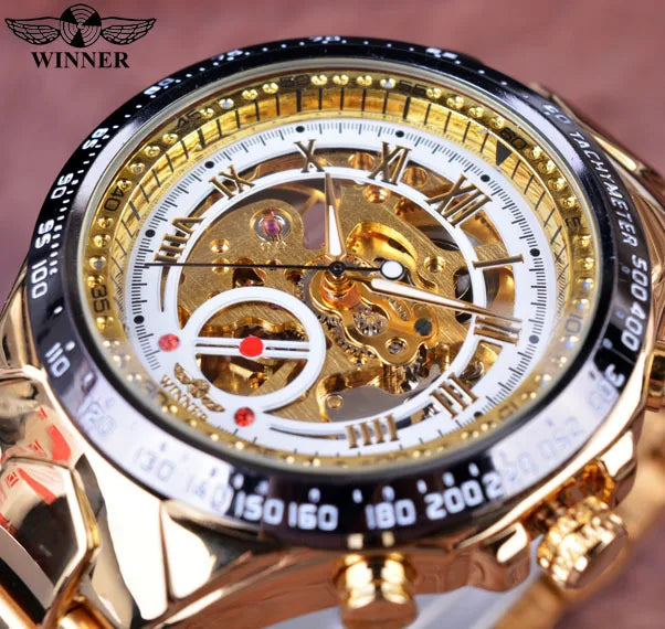 Sport Design Bezel Watches Men Automatic Skeleton Luxury Gold Stainless Steel