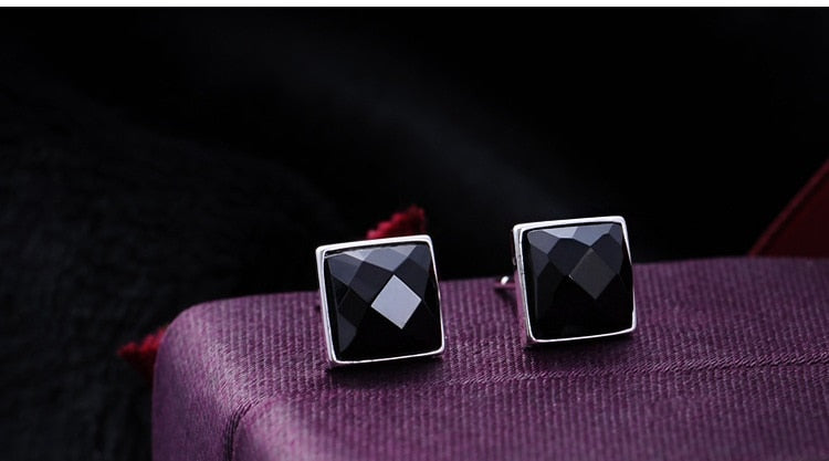 Square Black Stud Earrings for Men Silver Color  Earrings Cubic Zirconia