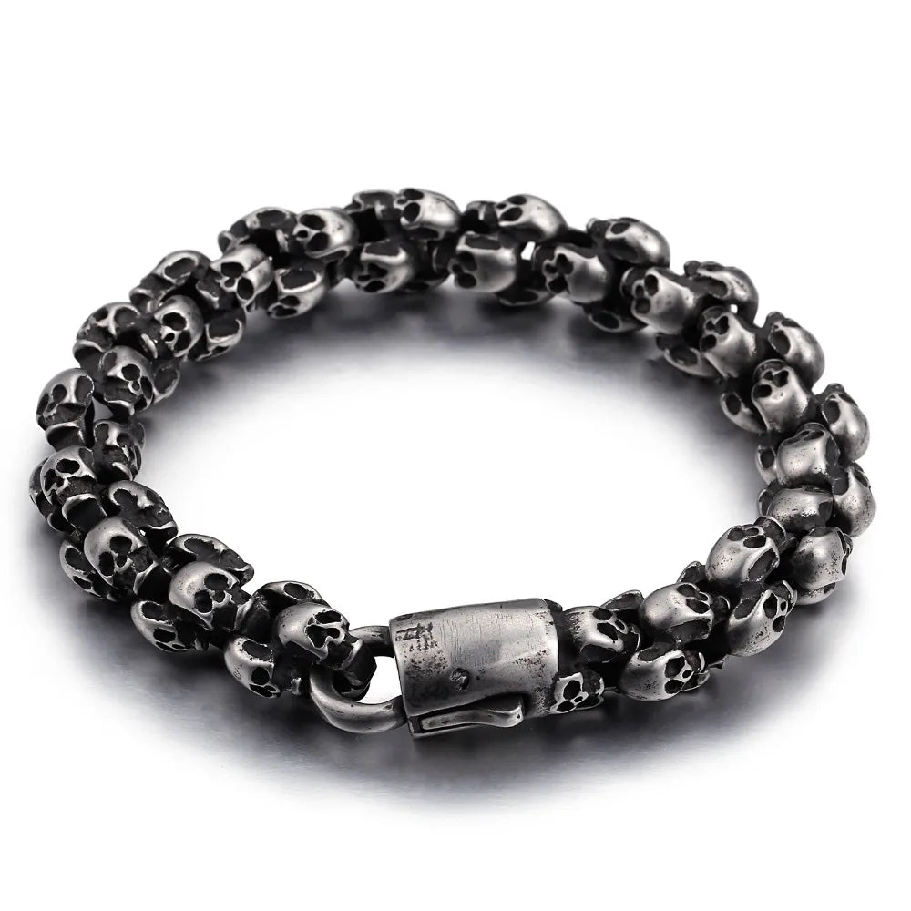 Punk Skull Bracelets Men Stainless Steel Matte Skull Charm Link Gothic Jewelry