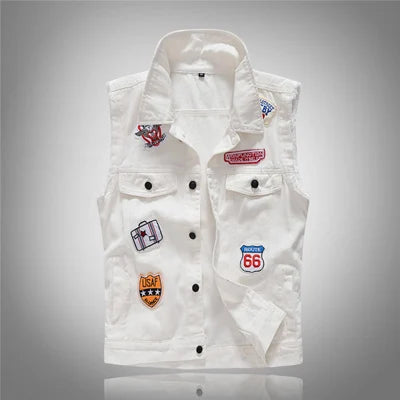 Men's Vintage Denim Vest White Ripped Men Streetwear Hole Waistcoats
