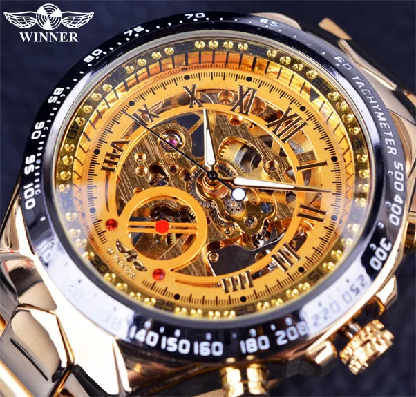 Sport Design Bezel Watches Men Automatic Skeleton Luxury Gold Stainless Steel