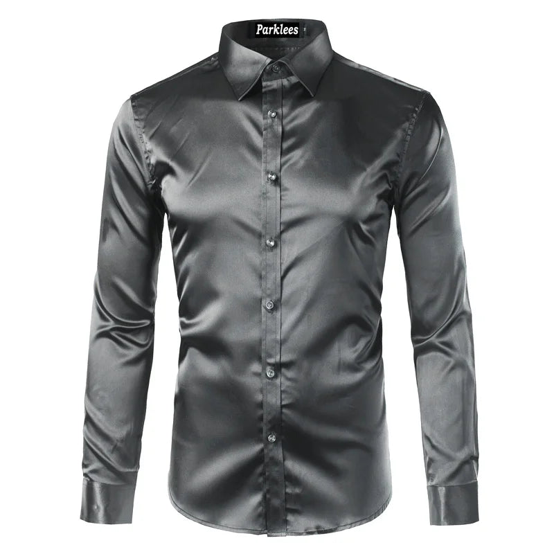 High Quality Silk Shirt Long Sleeve Slim Fit Men's Dress Shirts