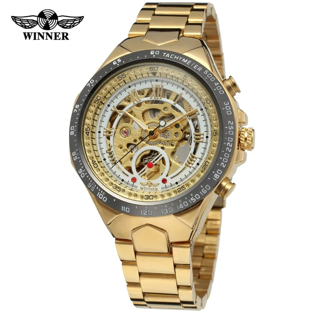 Sport Design Bezel Watches Men Automatic Skeleton Luxury Gold Stainless Steel