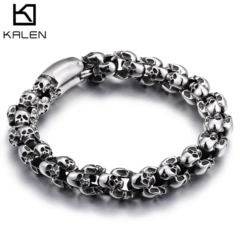 Punk Skull Bracelets Men Stainless Steel Matte Skull Charm Link Gothic Jewelry