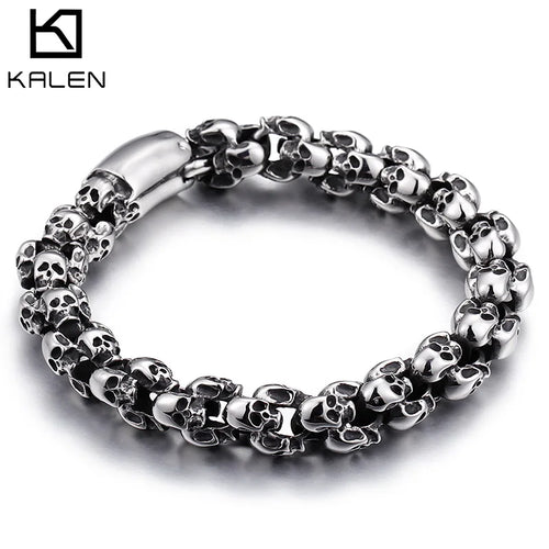 Punk Skull Bracelets Men Stainless Steel Matte Skull Charm Link Gothic Jewelry