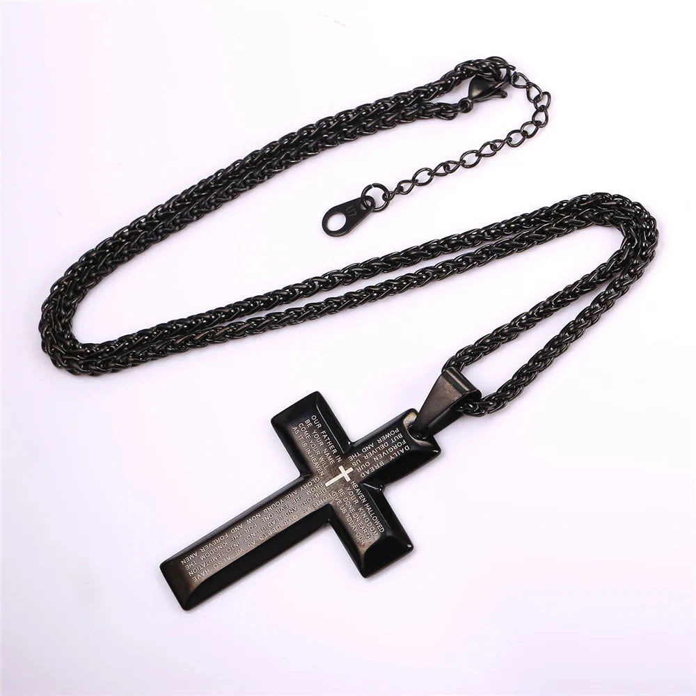 Stainless Steel Cross for men Lord's Prayer 20 inch Link Chain Pendant