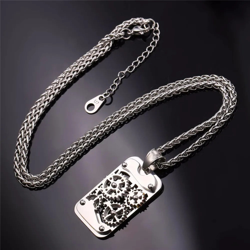 Steampunk Gear Rotatable Pendant Stainless Steel Chain For Men