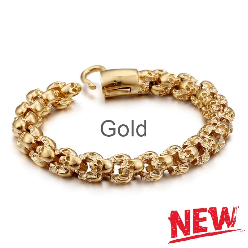 Punk Skull Bracelets Men Stainless Steel Matte Skull Charm Link Gothic Jewelry