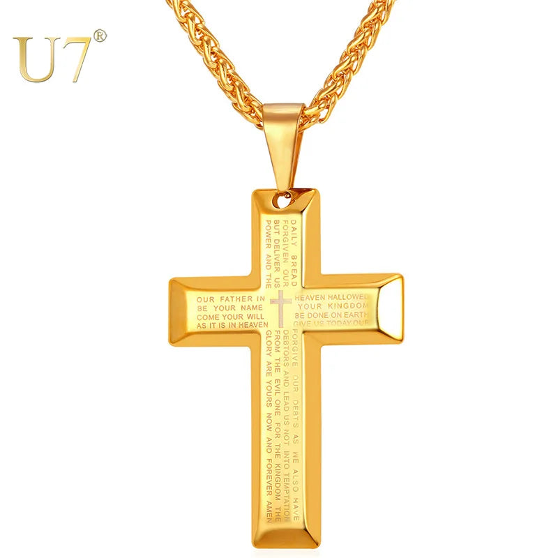 Stainless Steel Cross for men Lord's Prayer 20 inch Link Chain Pendant