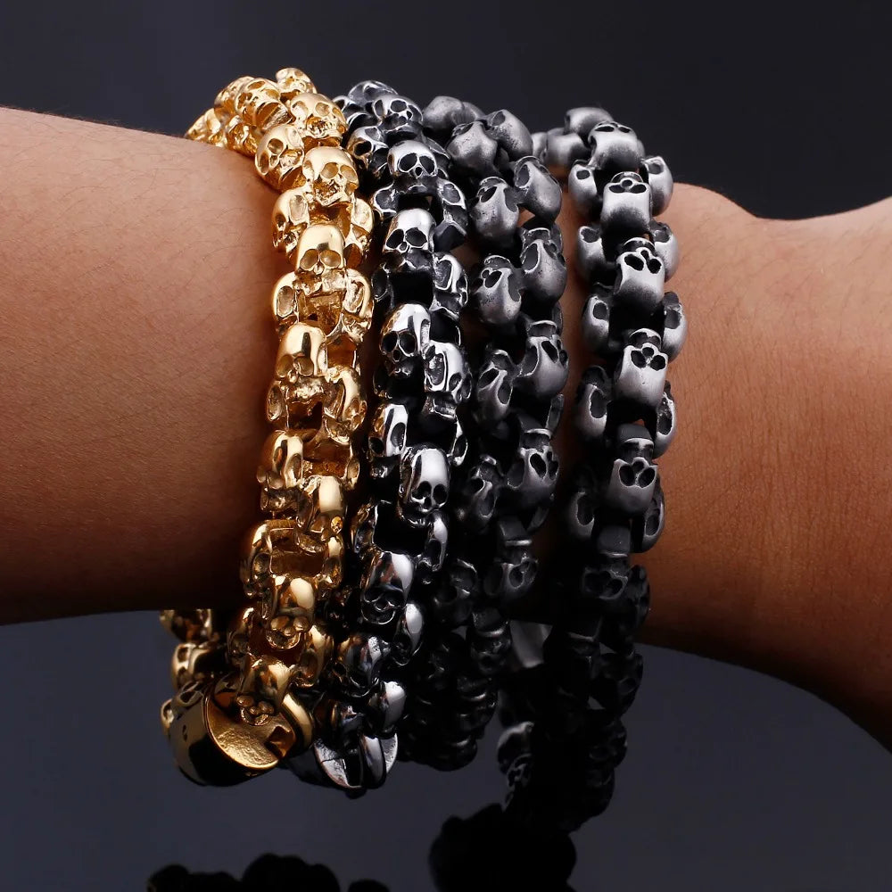 Punk Skull Bracelets Men Stainless Steel Matte Skull Charm Link Gothic Jewelry