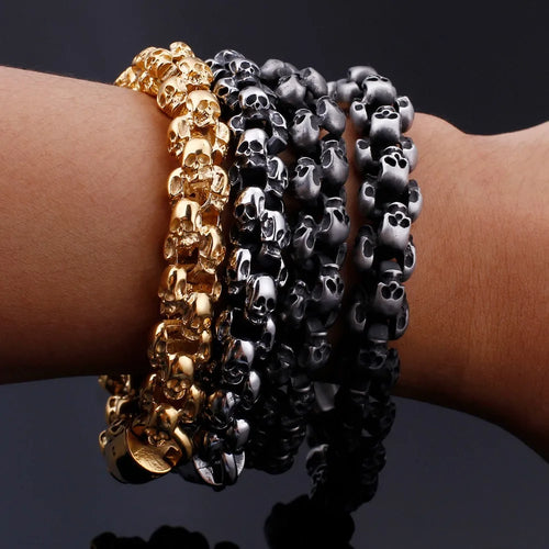 Punk Skull Bracelets Men Stainless Steel Matte Skull Charm Link Gothic Jewelry