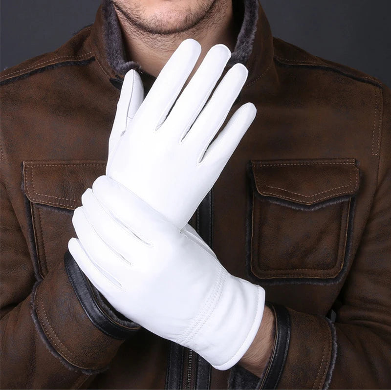 Genuine Leather White Unisex Solid Wrist Buttons Lambskin Driving Gloves
