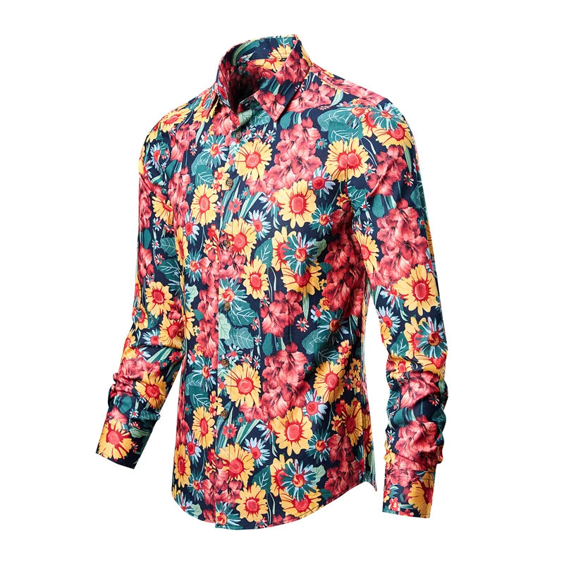 Cotton Vintage flowers Korean Men's Long sleeve shirt