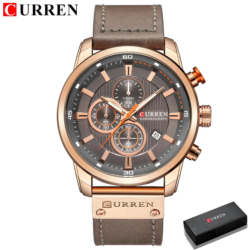 Men's Leather Sports Military Quartz Wristwatch Chronograph Male Clock