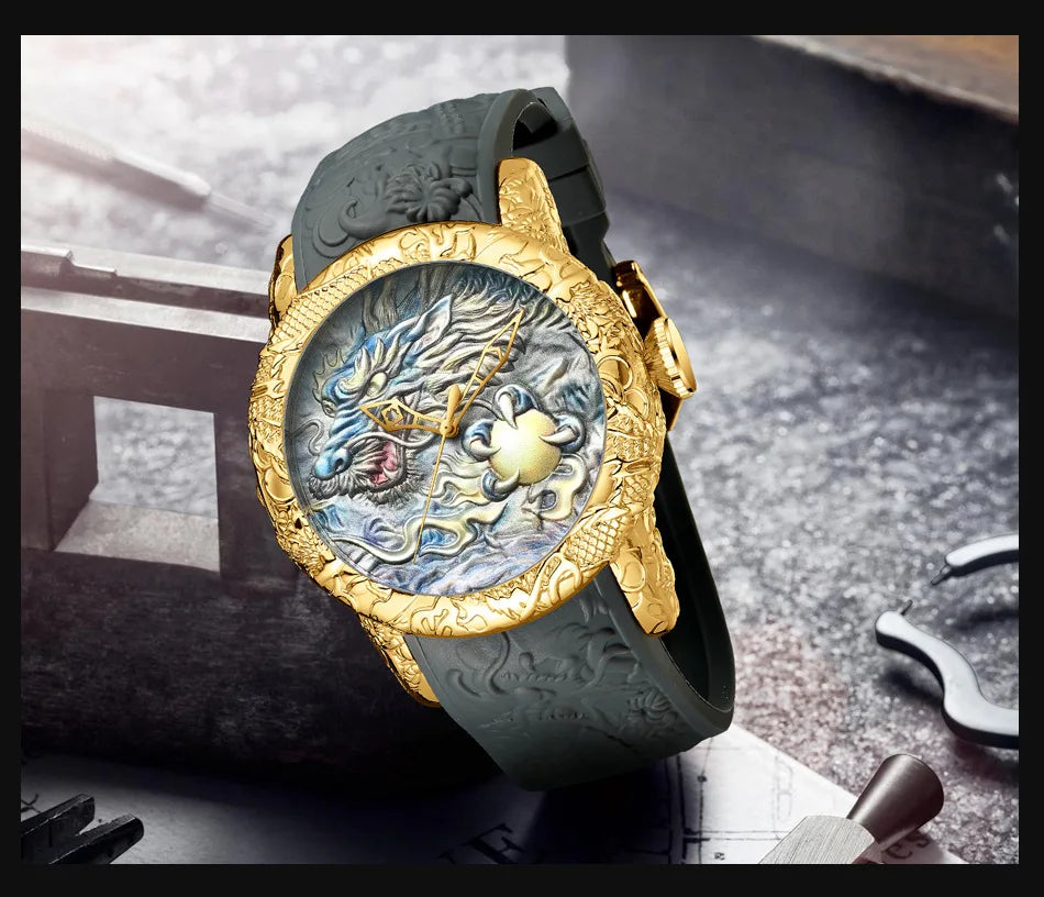 Men 3D Engraved Dragon Luxury Quartz Watch Waterproof Sport Clock