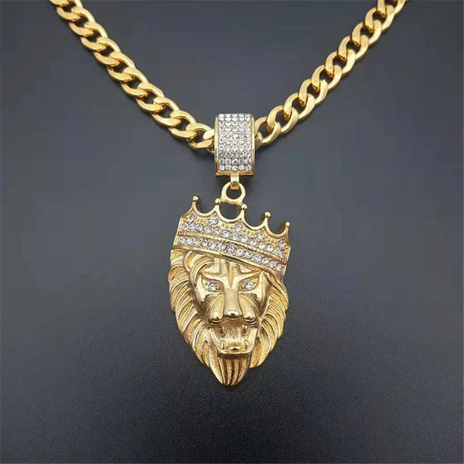 Stainless Steel Crown Lion Head Pendant Gold Color for Men