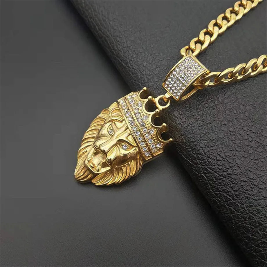 Stainless Steel Crown Lion Head Pendant Gold Color for Men