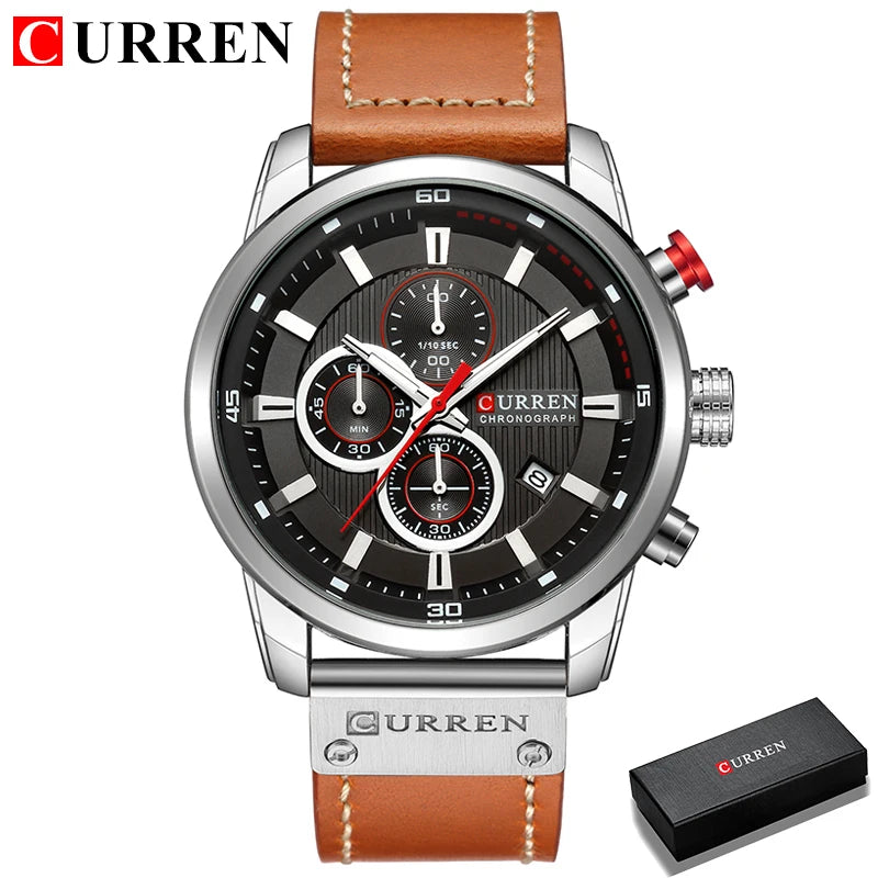 Men's Leather Sports Military Quartz Wristwatch Chronograph Male Clock